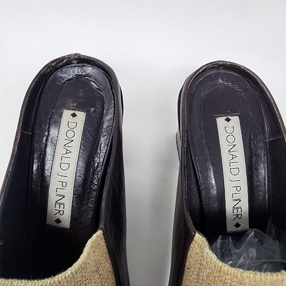 Donald J. Pliner Mules Women 7.5M ISA Brown Leather and Tan Fabric Block Heel - Picture 4 of 10